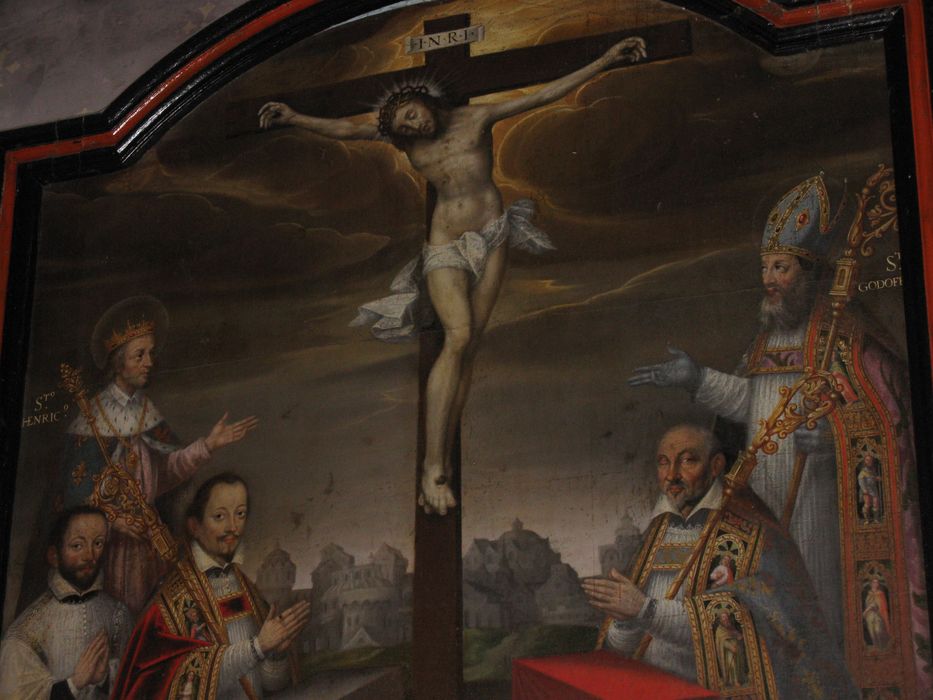 tableau : Christ en croix accompagné de deux évêques de Poitiers, et leurs saints patrons, vue partielle