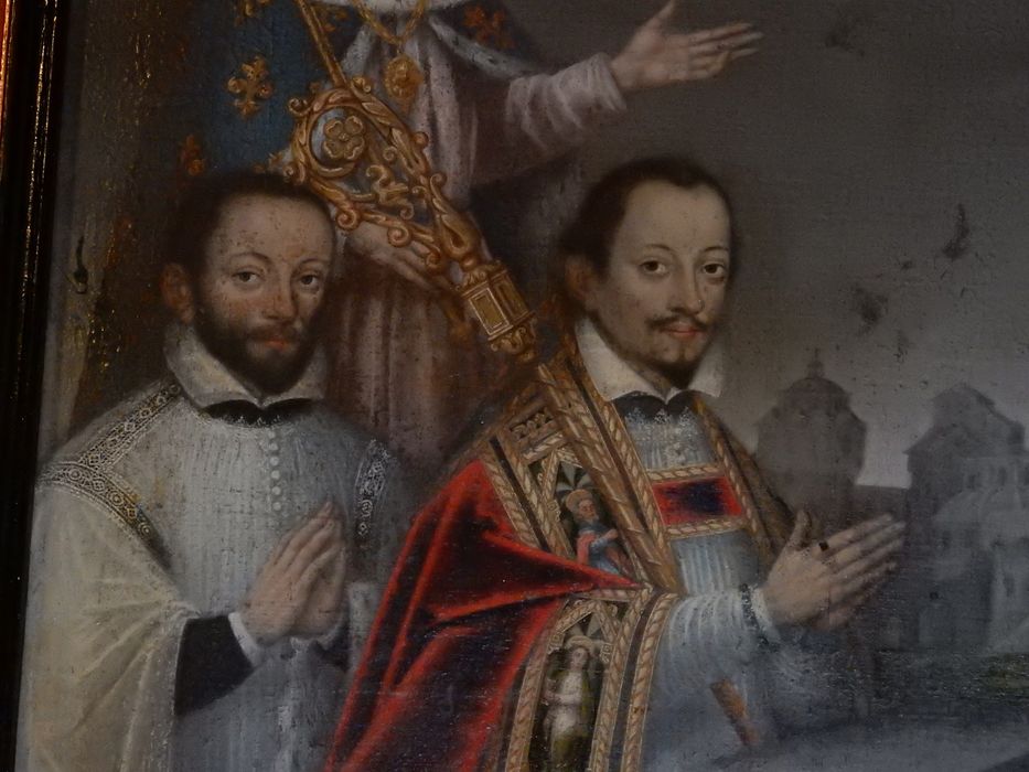 tableau : Christ en croix accompagné de deux évêques de Poitiers, et leurs saints patrons, détail