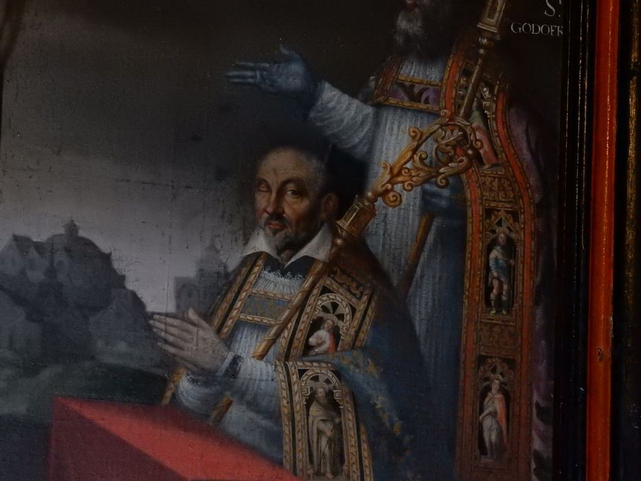 tableau : Christ en croix accompagné de deux évêques de Poitiers, et leurs saints patrons, détail