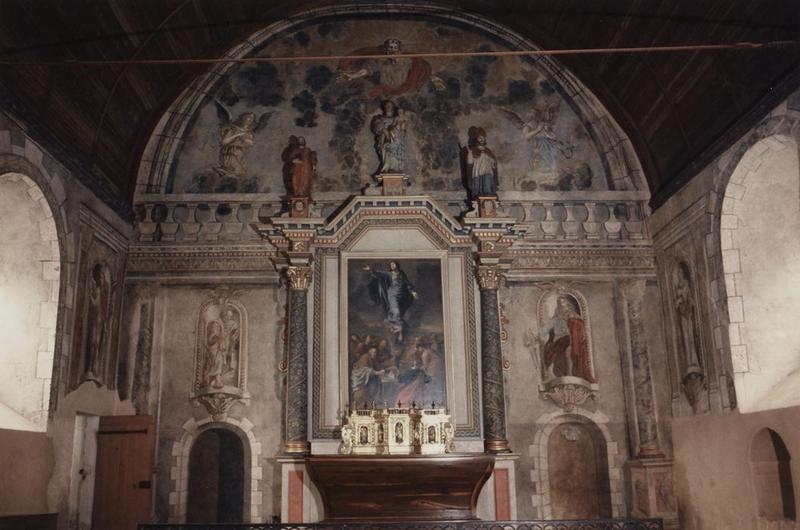 peinture monumentale : Père éternel adoré par les anges, saint Pierre, saint Paul, saint Jean-Baptiste, saint (?), Annonciation