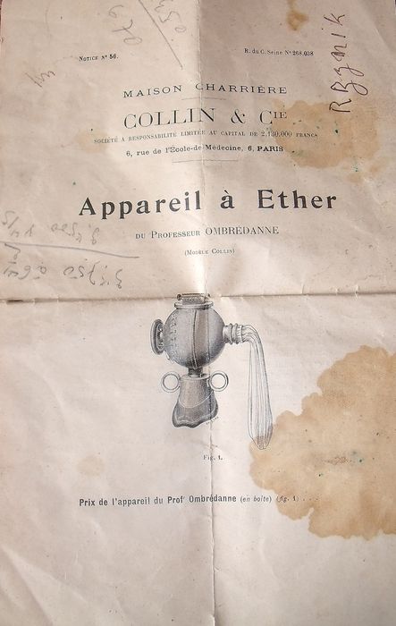 appareil à éther du professeur Ombrédanne, détail du manuel d'utilisation - © Ministère de la Culture (France), Conservation des antiquités et des objets d'art de l'Yonne – Tous droits réservés