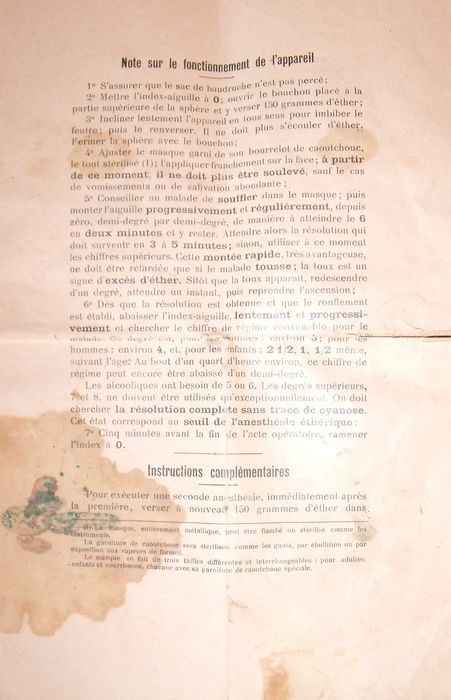 appareil à éther du professeur Ombrédanne, détail du manuel d'utilisation - © Ministère de la Culture (France), Conservation des antiquités et des objets d'art de l'Yonne – Tous droits réservés