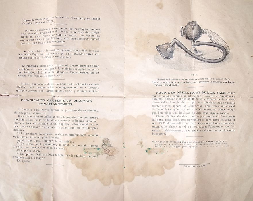 appareil à éther du professeur Ombrédanne, détail du manuel d'utilisation - © Ministère de la Culture (France), Conservation des antiquités et des objets d'art de l'Yonne – Tous droits réservés