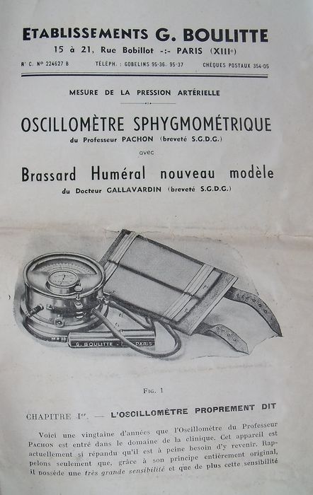 instrument de mesure : tensiomètre oscillomètre sphygmométrique du professeur Pachon, détail du manuel d'utilisation - © Ministère de la Culture (France), Conservation des antiquités et des objets d'art de l'Yonne – Tous droits réservés