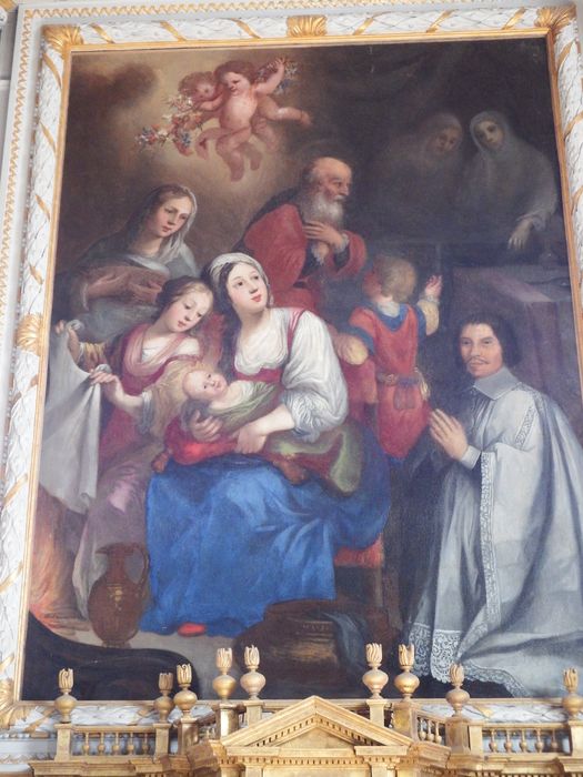 tableau du retable du maître-autel : Sainte Famille avec le donateur - © Ministère de la Culture (France), Conservation des antiquités et des objets d’art de l’Yonne – Tous droits réservés
