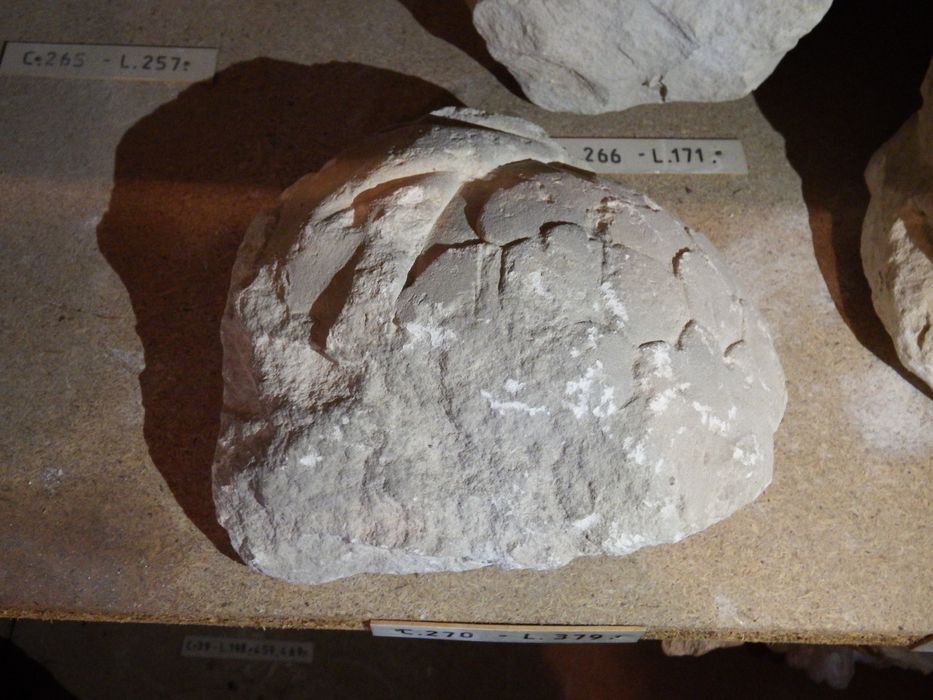 fragment sculpté : Écailles d'une cuirasse et drapé (n°270) - © Ministère de la Culture (France), Conservation des antiquités et des objets d’art de l'Yonne – Tous droits réservés 