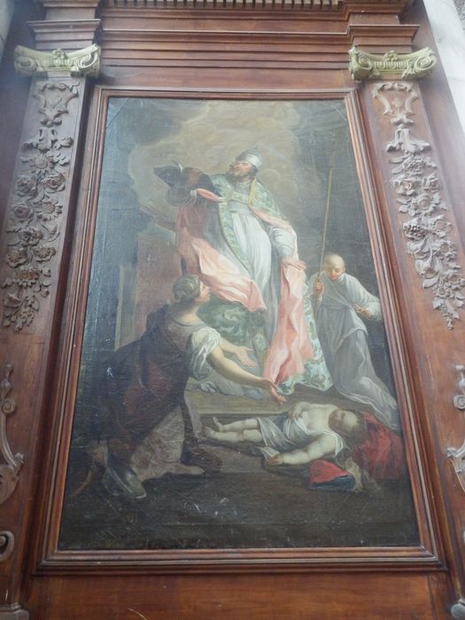 tableau : Saint évêque (saint Edme?) ressuscitant un enfant
