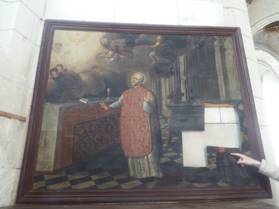 tableau : Saint évêque disant sa messe et un donateur