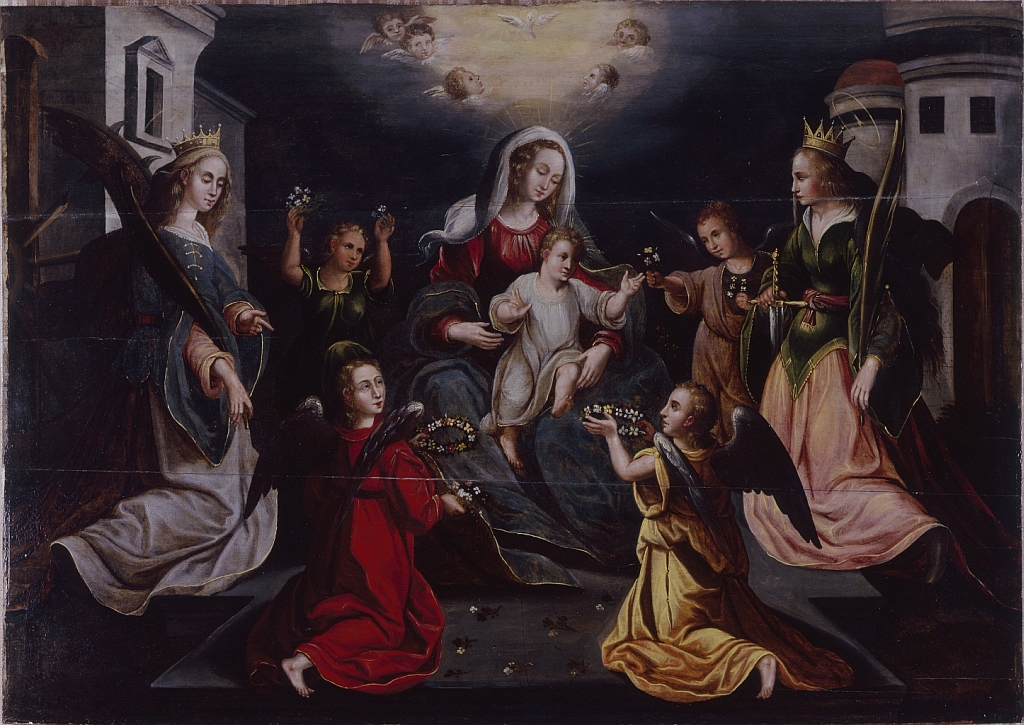 tableau : Vierge à l'enfant avec sainte Barbe, sainte Catherine et quatre anges - © Ministère de la Culture (France), Conservation des antiquités et des objets d’art du Val-d’Oise, tous droits réservés