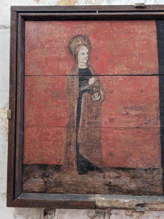 devant d'autel : Calvaire entre sainte Madeleine et sainte Barbe, détail
