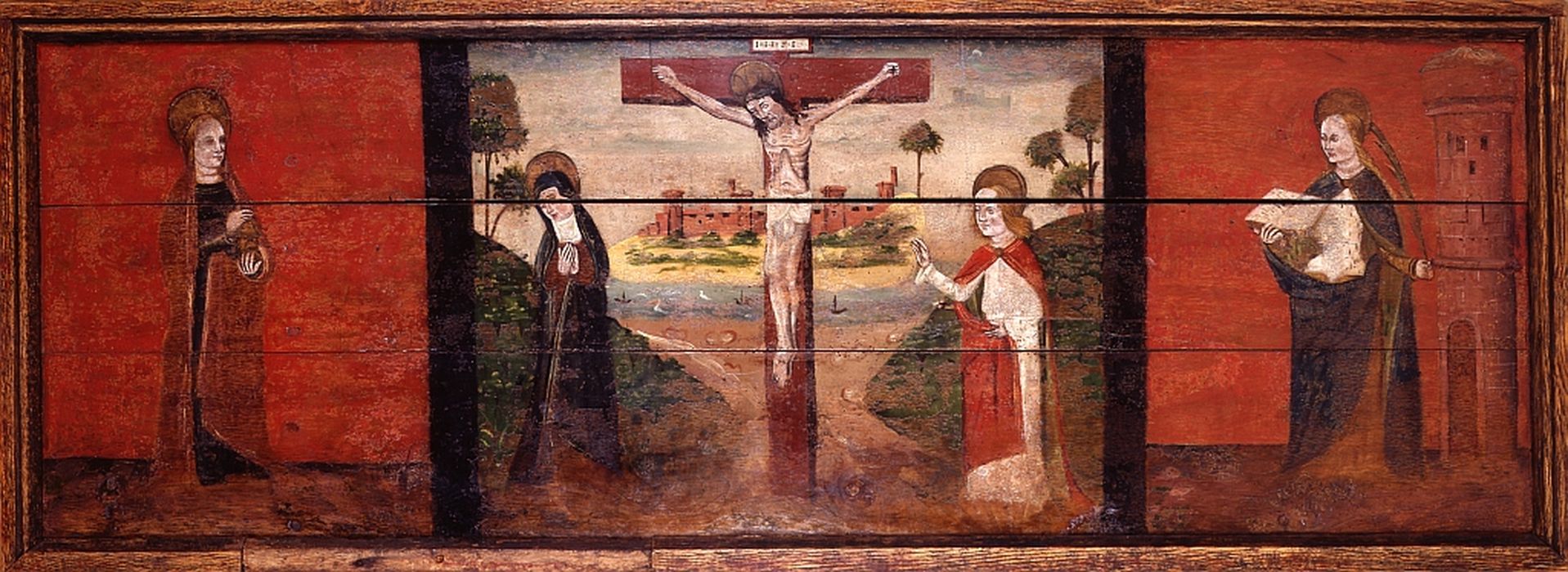 devant d'autel : Calvaire entre sainte Madeleine et sainte Barbe