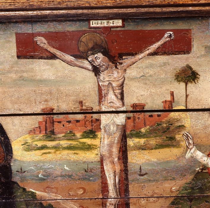 devant d'autel : Calvaire entre sainte Madeleine et sainte Barbe, détail