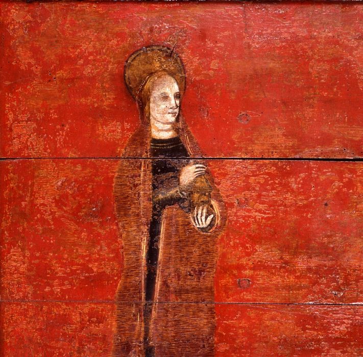 devant d'autel : Calvaire entre sainte Madeleine et sainte Barbe, détail