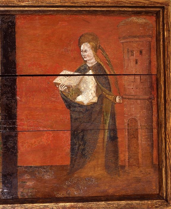 devant d'autel : Calvaire entre sainte Madeleine et sainte Barbe, détail