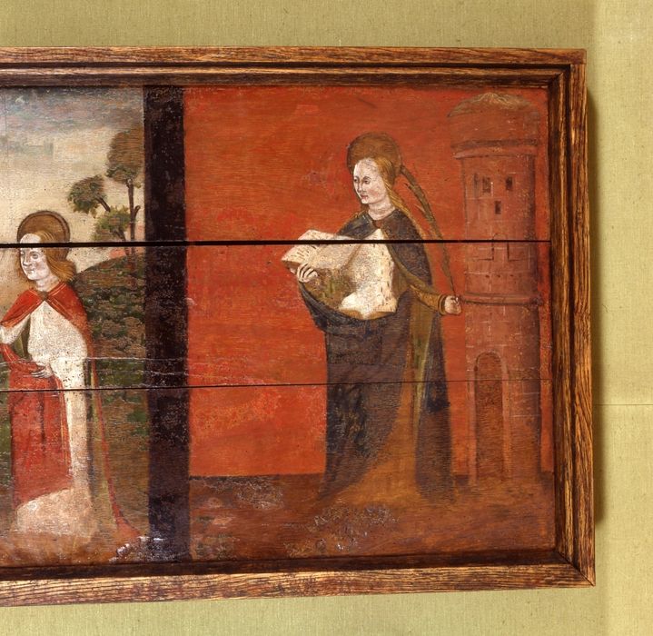 devant d'autel : Calvaire entre sainte Madeleine et sainte Barbe, détail
