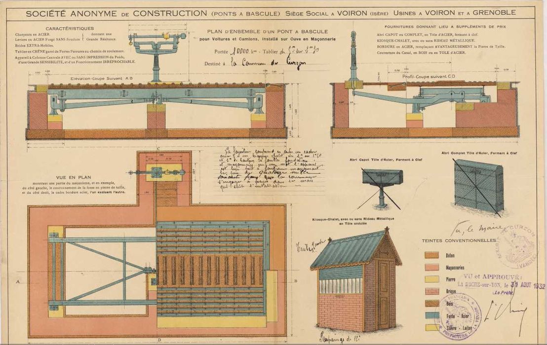 Plan d'ensemble d'un pont à bascule pour voitures et camions, installé sur cuve en maçonnerie / Société anonyme de construction des ponts à bascule de Voiron (Isère). 31 août 1932, AD Vendée : 1 OO 896-3.