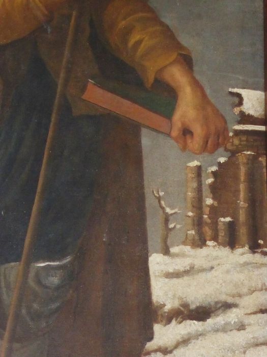 Tableau : Saint Jacques en pèlerin dans la neige, détail du livre