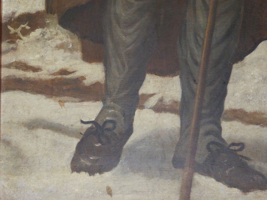 Tableau : Saint Jacques en pèlerin dans la neige, détail des « houseaux » au-dessus des chaussures