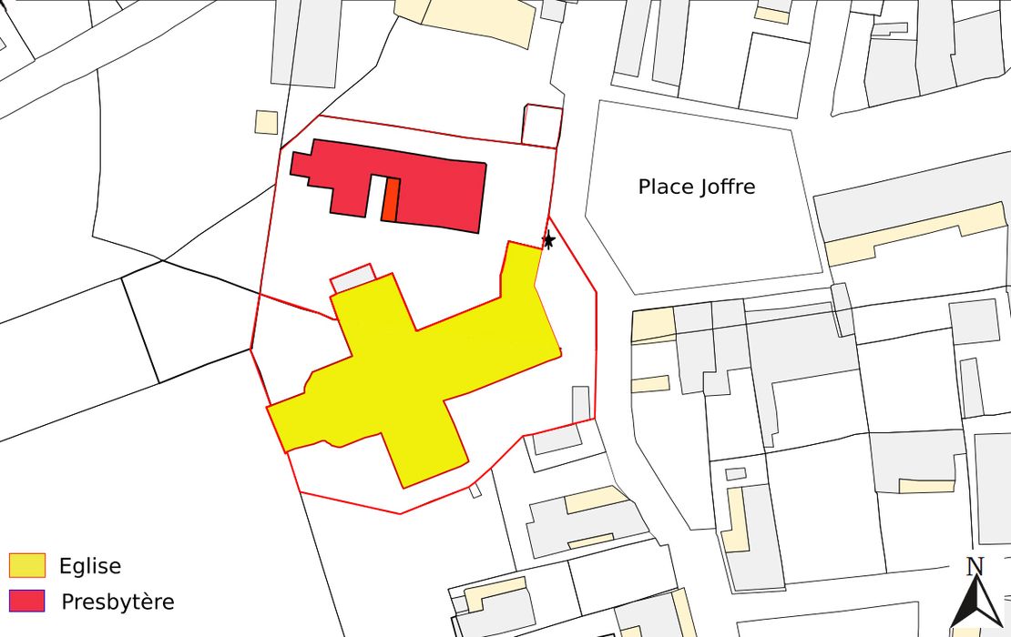 Église. Plan-masse établi à partir du plan cadastral, Annie Noé-Dufour.