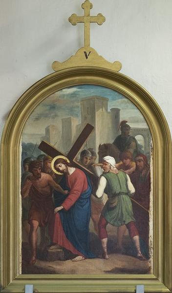 station du chemin de croix : Simon de Cyrène aide Jésus à porter sa croix