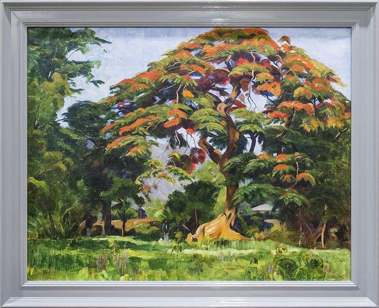 tableau : Paysage au flamboyant avec un personnage, vue générale - © Ministère de la Culture (France), Conservation des antiquités et objets d'art de La Réunion, tous droits réservés