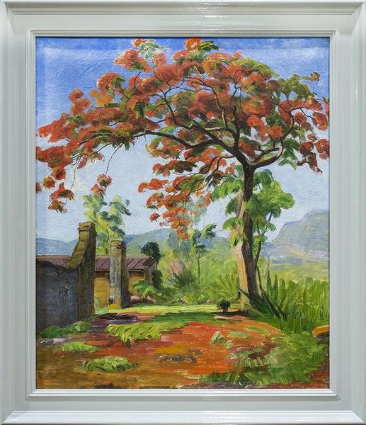 tableau : Paysage avec flamboyant et portail, vue générale - © Ministère de la Culture (France), Conservation des antiquités et objets d'art de La Réunion, tous droits réservés