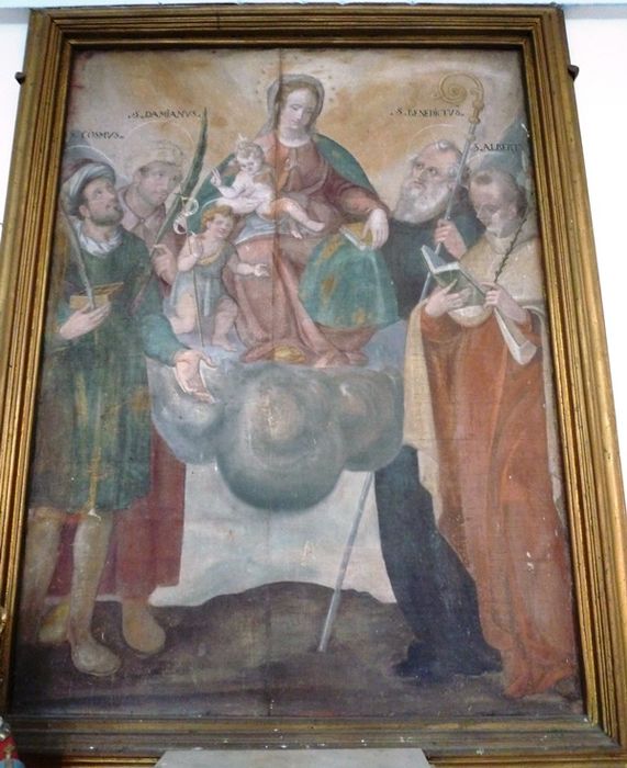 tableau : Vierge à l'Enfant, saint Jean-Baptiste, saint Côme, saint Damien, saint Benoît, saint Albert, détail