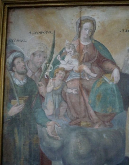 tableau : Vierge à l'Enfant, saint Jean-Baptiste, saint Côme, saint Damien, saint Benoît, saint Albert, vue partielle