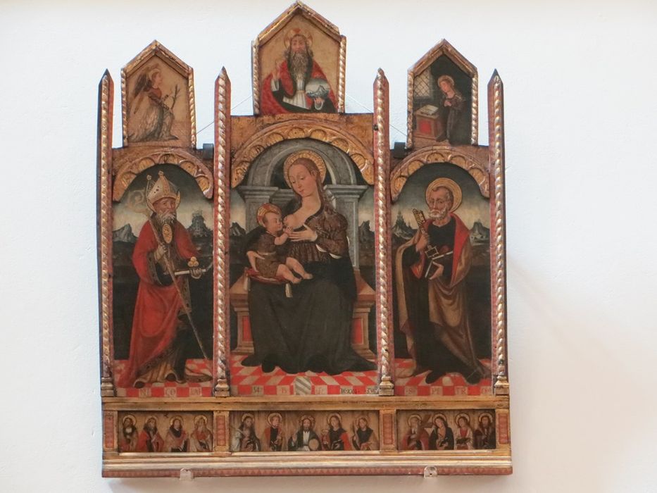 tableau (tableau d'autel) : Vierge allaitante entre saint Pierre et saint Nicolas