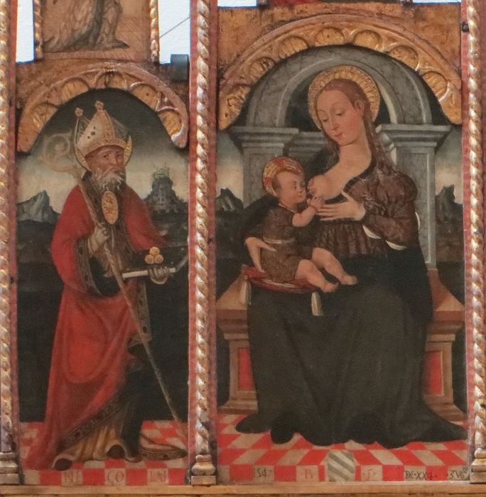 tableau (tableau d'autel) : Vierge allaitante entre saint Pierre et saint Nicolas, vue partielle