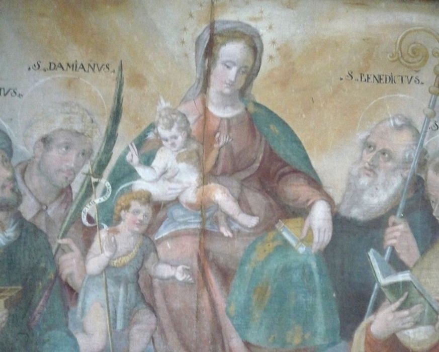 tableau : Vierge à l'Enfant, saint Jean-Baptiste, saint Côme, saint Damien, saint Benoît, saint Albert, vue partielle