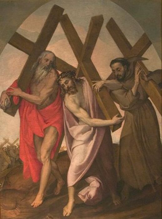 tableau : Le Christ chargé de la croix entouré de saint Jérôme et de saint François