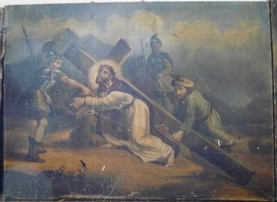 Tableau : Chemin de Croix, station 9, Jésus tombe pour la 3ème fois - © Ministère de la Culture (France), Conservation des antiquités et des objets d'art de Corse, tous droits réservés