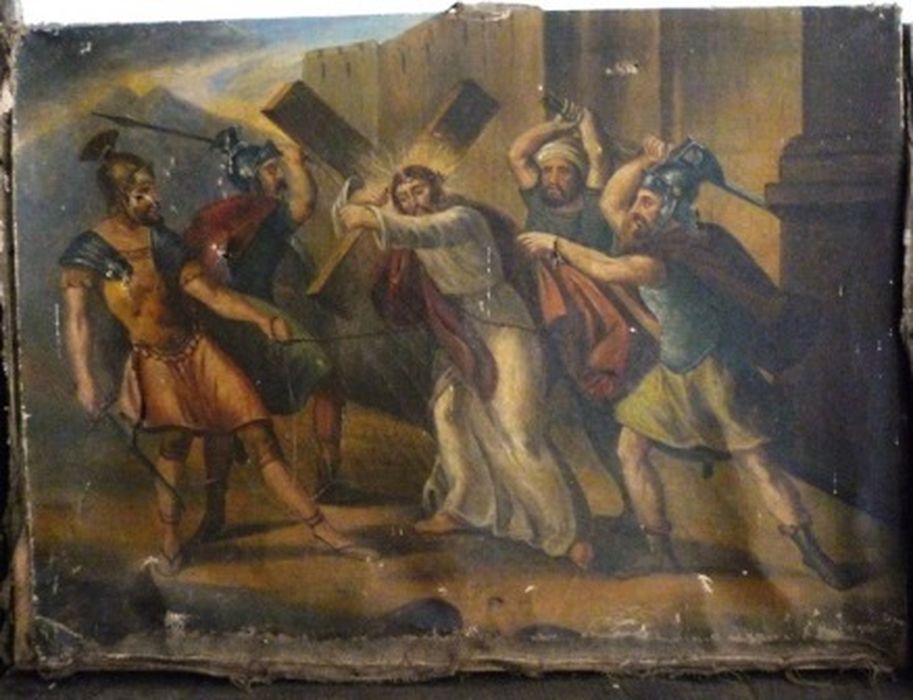 Tableau : Chemin de Croix, station 2, Jésus chargé de sa croix - © Ministère de la Culture (France), Conservation des antiquités et des objets d'art de Corse, tous droits réservés