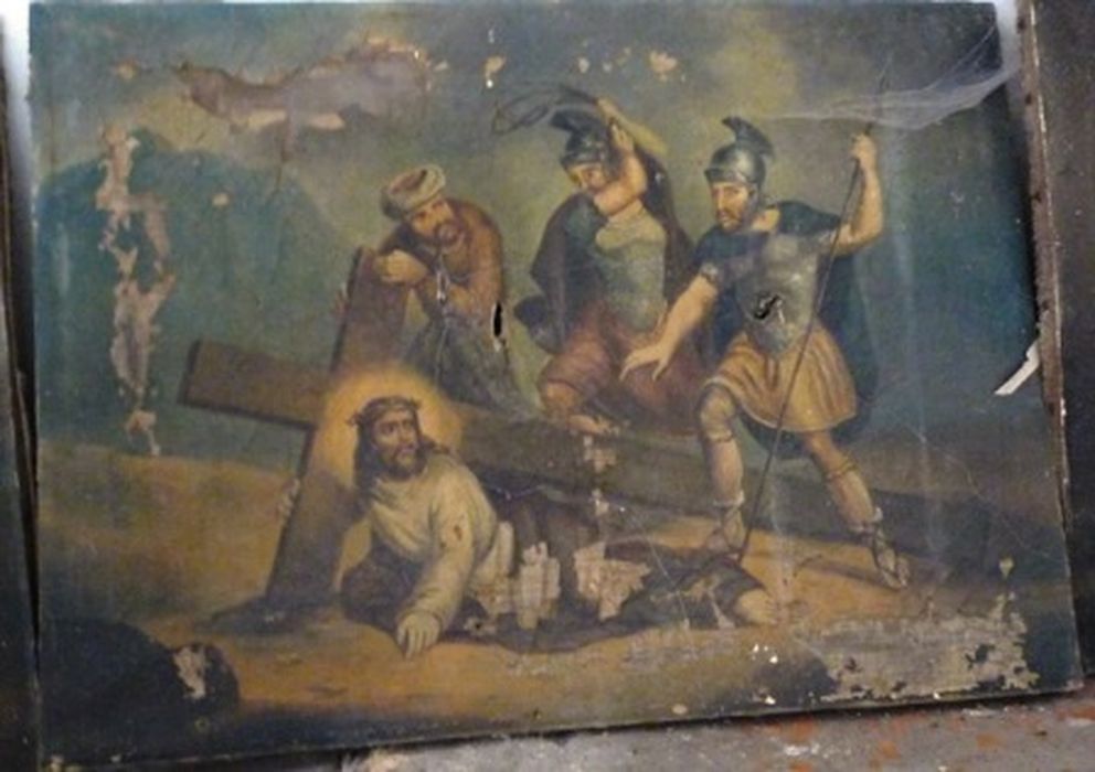 Tableau : Chemin de Croix, station 3, Jésus tombe pour la 1ère fois - © Ministère de la Culture (France), Conservation des antiquités et des objets d'art de Corse, tous droits réservés