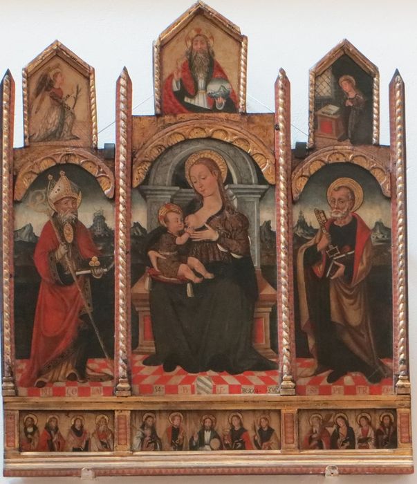 tableau (tableau d'autel) : Vierge allaitante entre saint Pierre et saint Nicolas