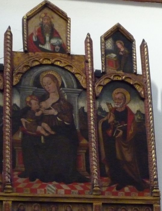 tableau (tableau d'autel) : Vierge allaitante entre saint Pierre et saint Nicolas, vue partielle