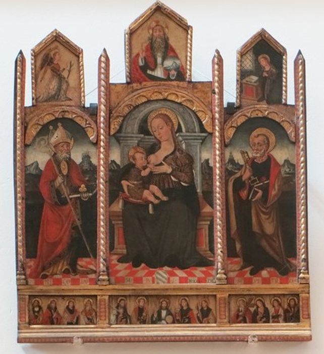 tableau (tableau d'autel) : Vierge allaitante entre saint Pierre et saint Nicolas