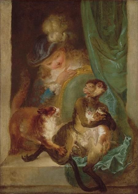 Enfant regardant un singe emportant des chatons